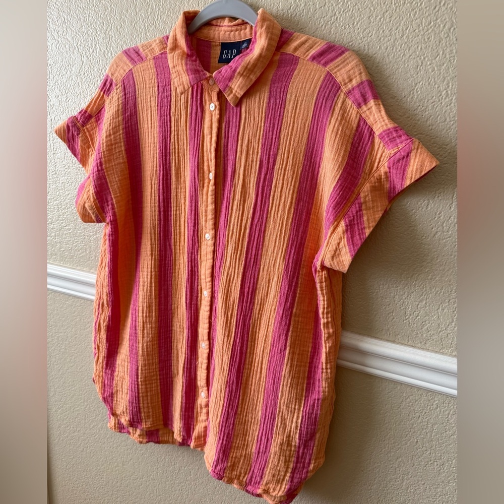 GAP Short Sleeve Button Gauze Cotton Shirt Striped Pink Orange Size Large Tall - Picture 9 of 9